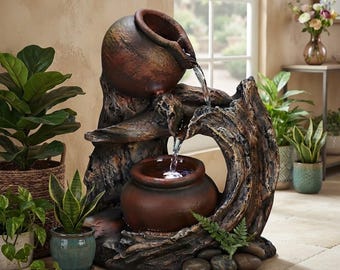 Tabletop Water Fountain, Resin Tree Rockery, Indoor Waterfall, LED Light, Zen Home Office Decor