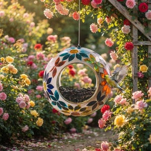 May include: A circular bird feeder featuring a stained glass mosaic pattern of colorful flower petals in shades of blue, orange, and yellow. The center is an open ring filled with black sunflower seeds, with a small bird perched on the edge.