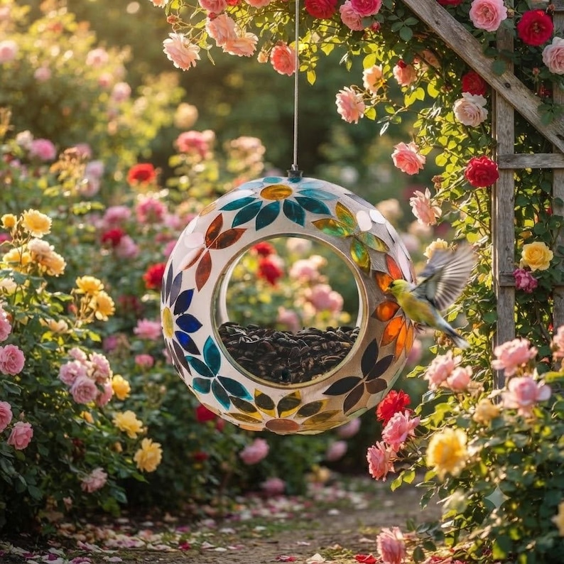 May include: A circular bird feeder featuring a stained glass mosaic pattern of colorful flower petals in shades of blue, orange, and yellow. The center is an open ring filled with black sunflower seeds, with a small bird perched on the edge.