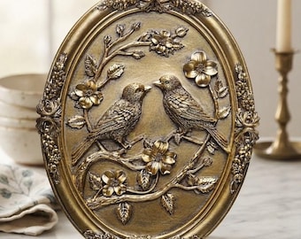 Vintage Bird Wall Sculpture Antique Gold Resin Wall Decor Farmhouse Embossed Couple Birds Plaque