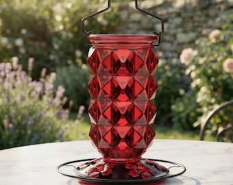 25 Oz Glass Hummingbird Feeder, Red Diamond Bird Feeder with 5 Flower Ports, Perch, Outdoor Garden Gift