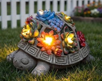 Solar Turtle Garden Statue, Succulent LED Lights, Outdoor Lawn Decor, Patio Yard Ornament, Nature Inspired Gift