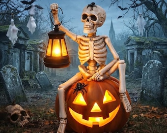 Solar-Powered Skeleton Pumpkin Lantern, 9.3 Inch Resin Halloween Decor