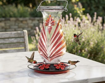 Glass Hummingbird Feeder 24oz, Hanging Nectar Bird Feeder with Perch, 5 Flower Ports, Garden Decor