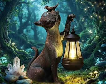 Solar Cat Garden Statue Bird Lantern Outdoor Patio Yard Lawn Waterproof Resin Decor Gift