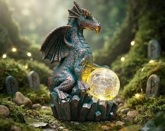 Solar Dragon Garden Statue Crystal Ball Waterproof Resin Outdoor Decor Yard Patio Fantasy Gift