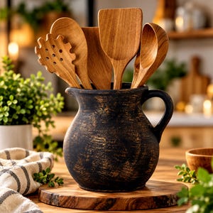 May include: A black ceramic pitcher with a distressed finish and a single handle, containing a set of wooden kitchen utensils including a pasta fork, a flat spatula, and two spoons, all arranged upright within the vessel for storage.