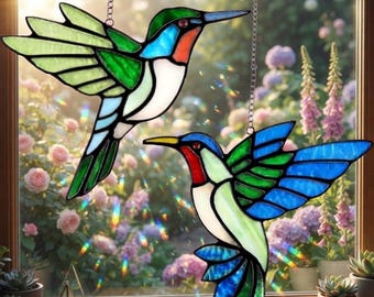 2 Pcs Hummingbird Stained Glass Window Suncatchers, Tiffany Style Bird Decor