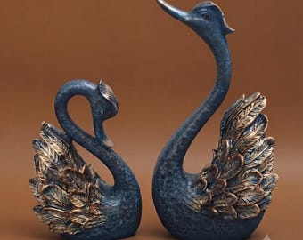 Blue Swan Couple Statues Resin Love Sculptures Living Room Coffee Table Shelf Decor Gift
