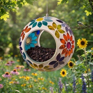May include: A spherical bird feeder featuring a white frame decorated with colorful, translucent glass flower petals in shades of blue, yellow, orange, and purple. The center contains a pile of black sunflower seeds, suspended by a thin wire.
