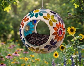 Hanging Glass Bird Feeder Mosaic Round Wild Feeder Outdoor Garden Patio Decor Colorful