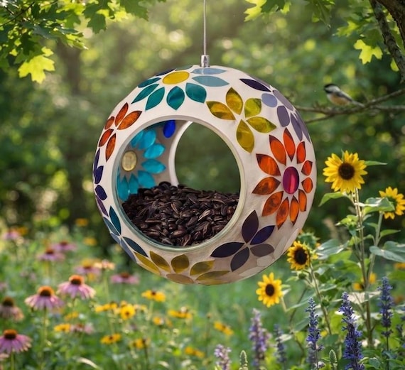 Hanging Glass Bird Feeder Mosaic Round Wild Feeder Outdoor Garden Patio Decor Colorful