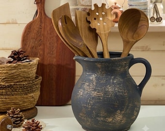 Rustic Ceramic Utensil Holder Vintage Farmhouse Kitchen Crock Countertop Organizer Decorative Pitcher Storage