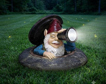Solar Garden Gnome Statue, Peeking Gnome with Telescope Light, Resin Outdoor Decor