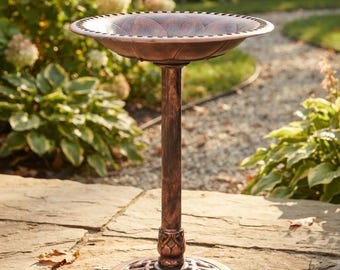 28 Inch Resin Bird Bath, Copper Finish, Outdoor Garden Bird Feeder, Weather Resistant Decor