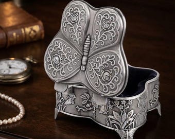 Vintage Butterfly Jewelry Trinket Box, Metal Ring Holder, Floral Keepsake Organizer, Elegant Gift