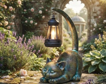 Solar Cat Lantern Statue: Bronze-Style Garden Decor, Waterproof Resin Figurine
