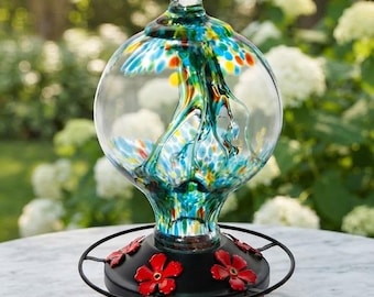 34 Oz Rainforest Blue Glass Hummingbird Feeder, Hand Blown Bird Feeder, Ant Moat, Garden Decor