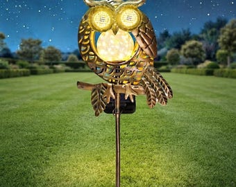 Solar Owl Garden Light, Glowing Eye Owl Statue, Metal Outdoor Decor, Waterproof LED Yard Patio Lawn Ornament