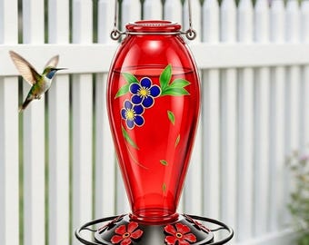 24 Oz Hummingbird Feeder, Glass Hanging Bird Feeder, Floral Outdoor Garden Decor, 5 Port Metal Base
