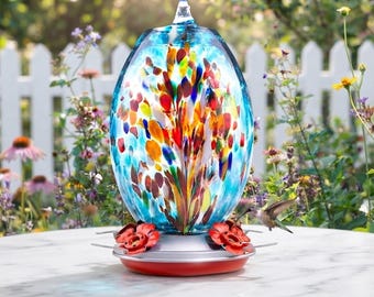 27 Oz Blue Fireworks Glass Hummingbird Feeder, Hand Blown Hanging Bird Feeder, Ant Guard, Bee Proof, Garden Gift