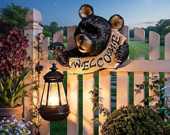 Solar Bear Welcome Sign, Hand-Painted Resin Wildlife Lantern Decor