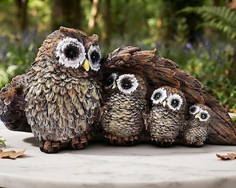 Brown Owl Family Figurine Set, Mother & Three Baby Owls, Woodland Home Decor