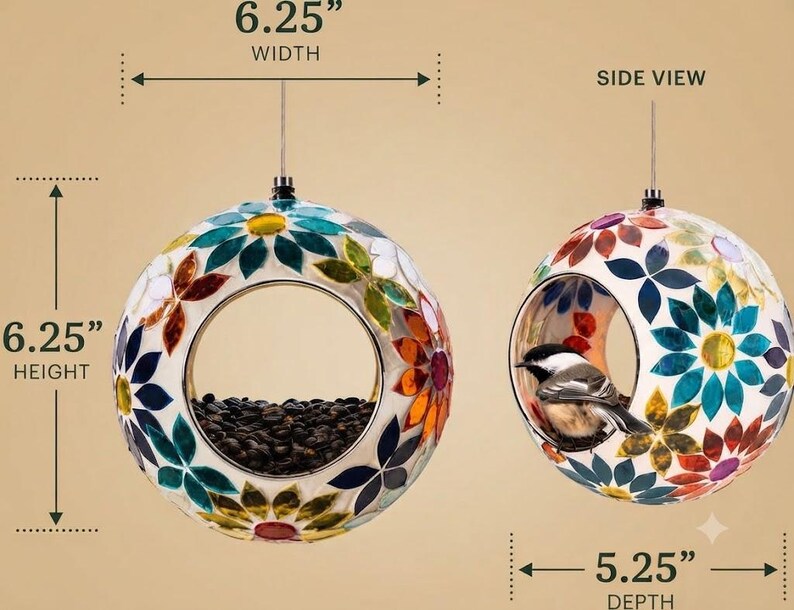 May include: A spherical bird feeder with a multi-colored floral mosaic pattern. The front view shows a 6.25-inch width and 6.25-inch height, while the side view shows a 5.25-inch depth. A small bird is visible inside the side opening.