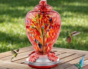 Hand-Blown Glass Hummingbird Feeder, Red Firework Design, 32 Oz Capacity, Garden Decor