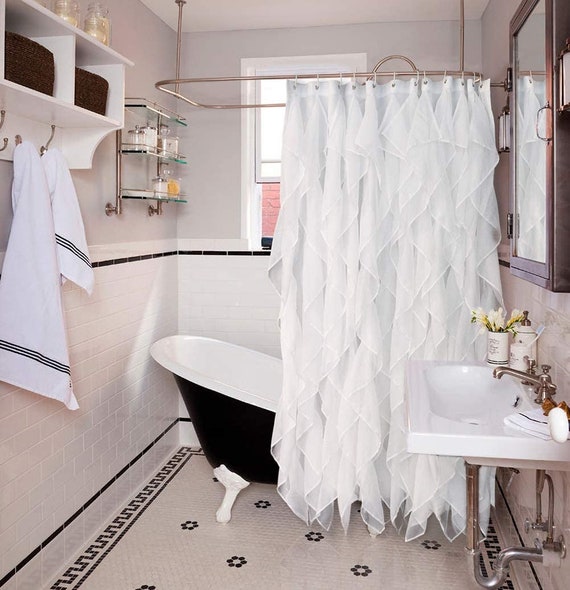 White Ruffle Shower Curtain Fabric, White Ruffle Farmhouse Shower Curtain