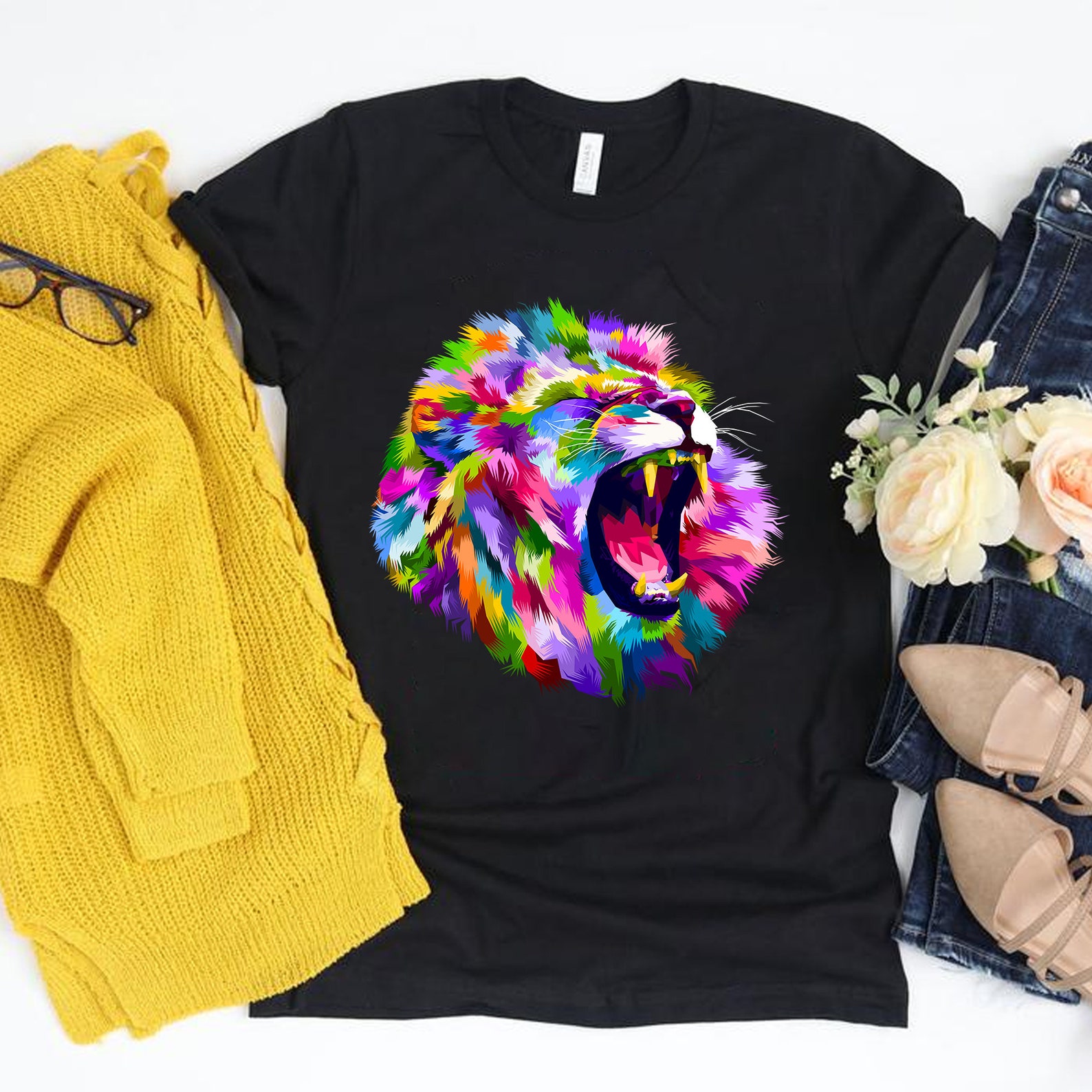 Lion Shirt Colorful Roaring Lion's head Artistic T-Shirt | Etsy