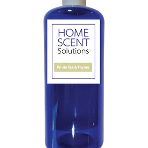 May include: A blue plastic bottle with a white label that reads "HOME SCENT Solutions" and "White Tea & Thyme".