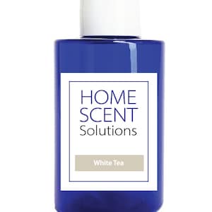 May include: A blue bottle with a white cap and label. The label says "HOME SCENT Solutions" and "White Tea".