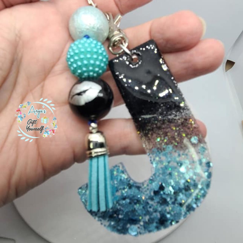 J Girl Keychain Jasmine Keychain Jen Keychain Initial J Keychain| aqua and black Keychain bubblegum beaded keychain Jan Keychain