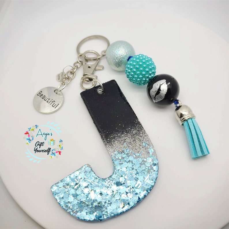 J Girl Keychain Jasmine Keychain Jen Keychain Initial J Keychain| aqua and black Keychain bubblegum beaded keychain Jan Keychain