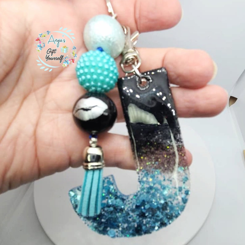 J Girl Keychain Jasmine Keychain Jen Keychain Initial J Keychain| aqua and black Keychain bubblegum beaded keychain Jan Keychain