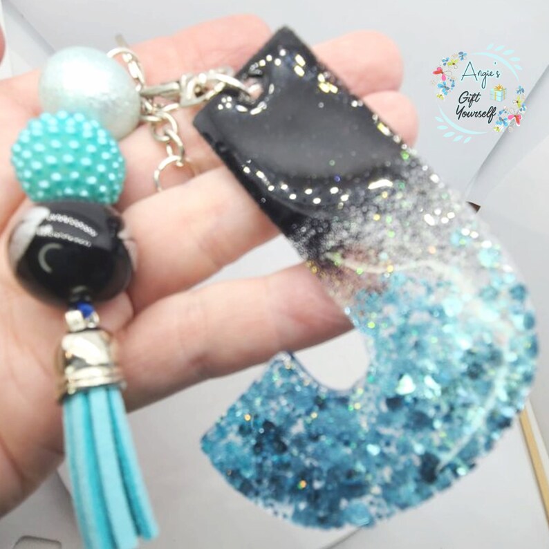 J Girl Keychain Jasmine Keychain Jen Keychain Initial J Keychain| aqua and black Keychain bubblegum beaded keychain Jan Keychain