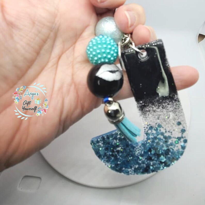 J Girl Keychain Jasmine Keychain Jen Keychain Initial J Keychain| aqua and black Keychain bubblegum beaded keychain Jan Keychain