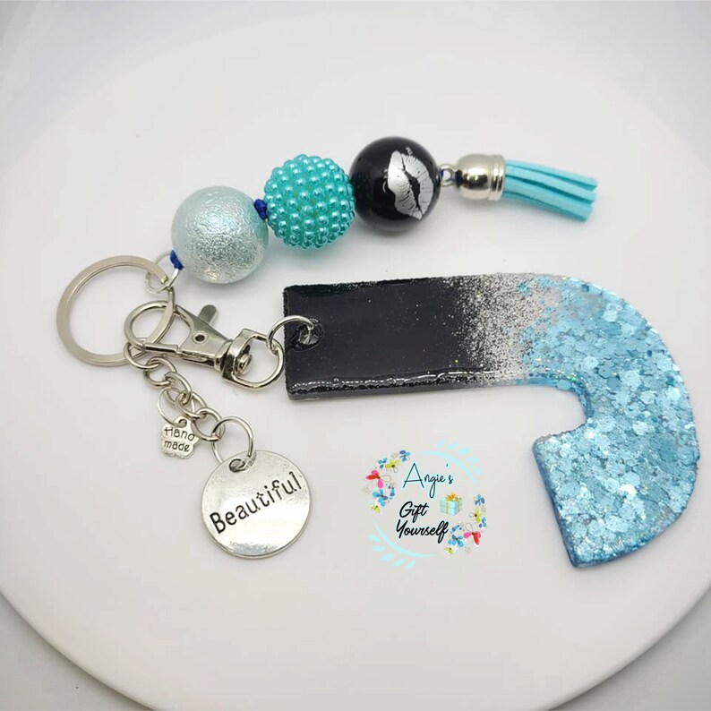 J Girl Keychain Jasmine Keychain Jen Keychain Initial J Keychain| aqua and black Keychain bubblegum beaded keychain Jan Keychain