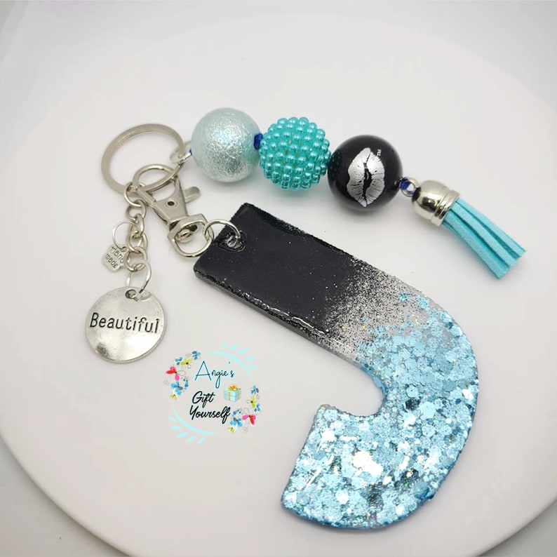 J Girl Keychain Jasmine Keychain Jen Keychain Initial J Keychain| aqua and black Keychain bubblegum beaded keychain Jan Keychain