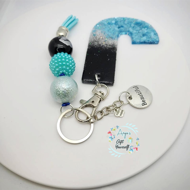 J Girl Keychain Jasmine Keychain Jen Keychain Initial J Keychain| aqua and black Keychain bubblegum beaded keychain Jan Keychain
