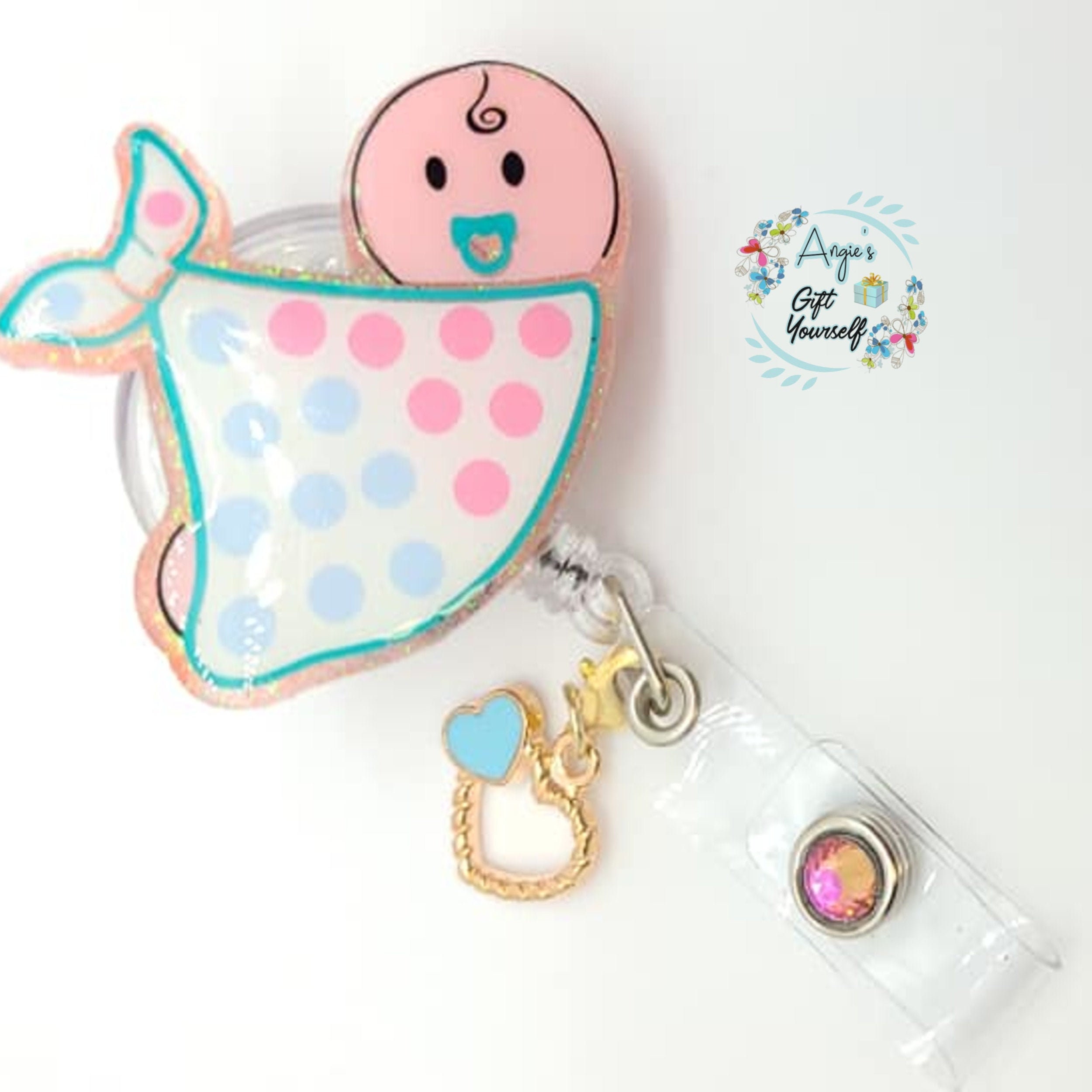 Baby Badge Reel: Gender Neutral Swaddled Baby, Glittered Acrylic