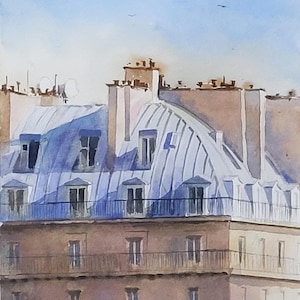 Daken van Parijs: origineel aquarelschilderij, stadsgezicht van Frankrijk (7,8 x 11 in)
