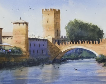 Die Brücke di Castel Vecchio, Original Aquarell veronesische Malerei, Italien, Geschenk für Ihn, Geschenk für Sie, Geschenk für Ihn