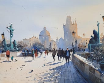 Watercolor Prague Painting: Original Charles Bridge Artwork