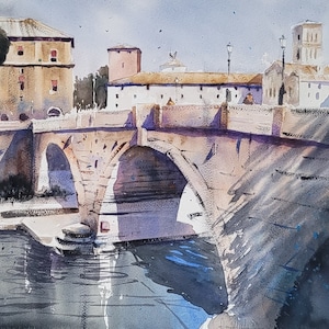 Dipinto originale ad acquerello di Roma, Ponte Cestio, Acquerello Italia, Opera d'arte originale, Regalo per lui, Regalo per lei, Watercolorlord