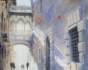 Original Watercolor Barcelona Painting, Gothic Quarter, Pont del Bisbe, Spanish Cityscapes