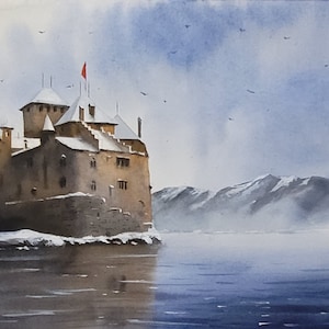 Pintura de acuarela original de Suiza Castillo de Chillon Pintura de invierno Suiza nevada Obra de arte original