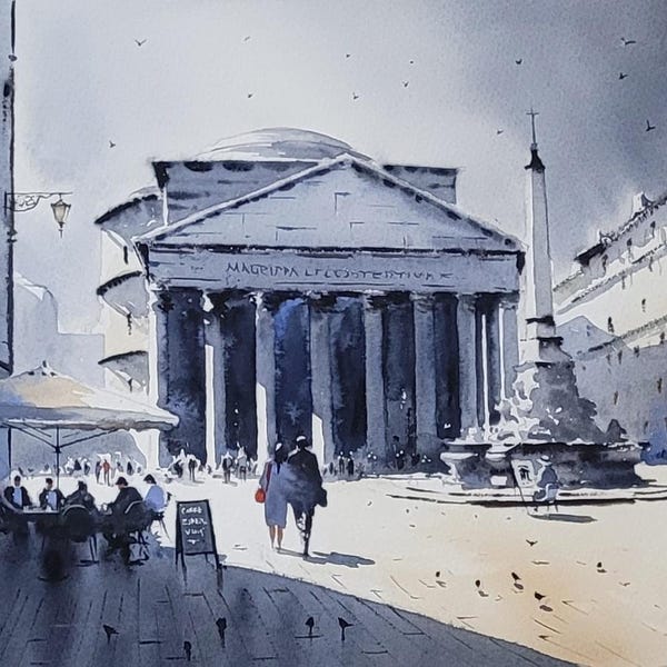 Watercolor Pantheon, Original Rome Painting, Hand Painted Italy Cityscapes by Watercolorlord
