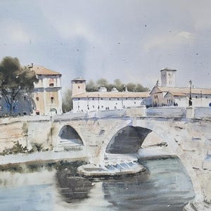 Roma Italia Originale Acquerello Dipinto Ponte Cestio Acquerello Sposa Dipinto Roma Paesaggio Urbano Watercolorlord